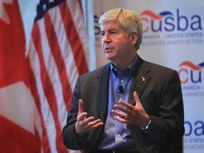 Gov. Rick Snyder speaks at a town hall meeting Monday, Oct. 22, 2012,  in Detroit sponsored by the Canada United States Business Association. He encouraged business leaders to support the Detroit River International Crossing project. (DAN JANISSE/The Windsor Star)