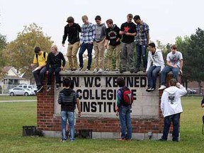 Kennedy high school students in Windsor, Ont., vacate class on Wednesday, Oct. 3, 2012, to protest the Ontario government's legislation involving teachers pay.