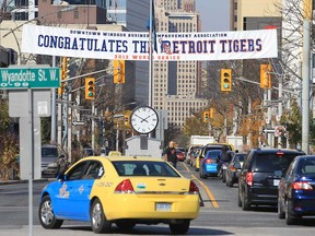 The Downtown Windsor Business Improvement Association has installed a banner above Ouellette Avenue congratulating the Detroit Tigers. (DAN JANISSE/The Windsor Star)