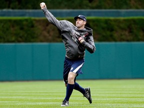 Detroit Tigers pitcher Justin Verlander throws at Comerica Park in Detroit, Monday, Oct. 15, 2012, to prepare for his start against the New York Yankees in Game 3 of the American League championship series Tuesday. Detroit leads the series 2-0. (AP Photo/Paul Sancya)