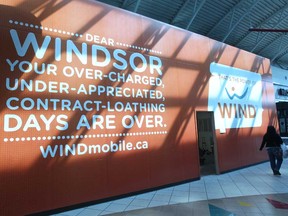 A WINDmobile.ca sign is displayed in Devonshire Mall in Windsor, Ont., on October 4, 2012.   (JASON KRYK/ The Windsor Star)