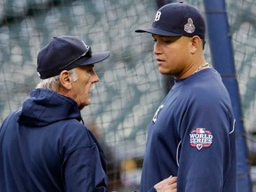 Detroit Tigers manager Jim Leyland talks to Miguel Cabrera before Game 4 of baseball's World Series against the San Francisco Giants Sunday, Oct. 28, 2012, in Detroit. (AP Photo/David J. Phillip)