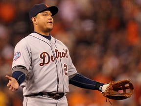 Detroit's Miguel Cabrera reacts in Game 2 of the World Series against the San Francisco Giants. (Christian Petersen/Getty Images)