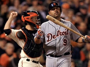 Detroit's Gerald Laird, right, strikes out in the sixth inning against the San Francisco Giants during Game 2 of the World Series. (Doug Pensinger/Getty Images)