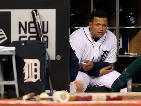 Detroit third baseman Miguel Cabrera looks on from the dugout against the San Francisco Giants in the ninth inning during Game 3 of the World Series at Comerica Park. (Ezra Shaw/Getty Images)