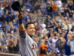 Detroit's Miguel Cabrera waves to the crowd after being replaced during the fourth inning against the Kansas City Royals at Kauffman Stadium. (Orlin Wagner/AP photo)