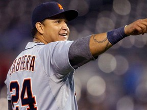 Detroit's Miguel Cabrera points to the crowd following a game against the Royals at Kauffman Stadium in Kansas City, (AP Photo/Orlin Wagner)