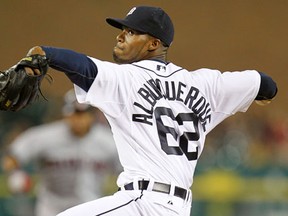 Detroit's Al Alburquerque throws a pitch against Cleveland at Comerica Park this year. (Gregory Shamus/Getty Images)
