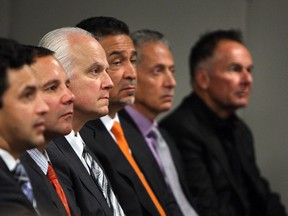 Business leaders Andrew Tepperman, Barry Zekelman, Marty Solcz, Terry Rafhi, Dr. Fouad Tayfour and Marty Komsa (left to right) during a kickoff event for the Business Accelerator's new C12 project in Windsor on Friday, October 19, 2012. The new program will match young entrepreneurs with established business men and women. (TYLER BROWNBRIDGE / The Windsor Star)