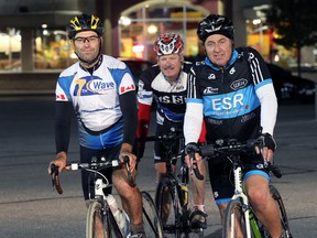 Cyclists Robb Lovell, left, Bob Lajoy, right, and Wayne Lessard, behind, and other county riders will have to adjust to Amherstburg’s bylaw of single-file formation within the town’s limits. (NICK BRANCACCIO / The Windsor Star)