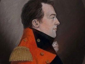 Major General Sir Isaac Brock, a portrait produced in Canada circa 1810 by the Dutch painter Gerrit Schupper.  (Guernsey Museums & Galleries.)