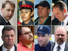 A collage of Windsor police officers who were at some point suspended with pay. Top from L: Alan Shipley, Dorothy Nesbeth, Kent Rice, Michael Shannon. Bottom from L: David Van Buskirk, Tom Rettig, Colin Little, Walter Martin. (The Windsor Star)