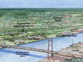 An artist's rendering of the proposed new border crossing between Detroit and Windsor. Image distributed June 2012 by the office of Michigan Governor Rick Snyder. (Handout / The Windsor Star)