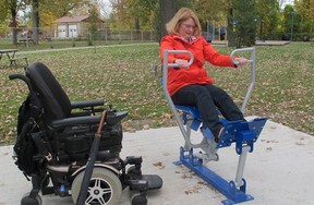 -Lydia Williams, who uses a wheelchair because of her multiple sclerosis, tried the outdoor rowing machine on Friday, Oct. 19, 2012 at the Optimist Park in Lakeshore. The rowing machine is one of six pieces of outdoor exercises equipment in the park purchased to help seniors stay fit. (The Windsor Star-Monica Wolfson)