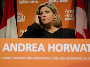 Ontario NDP Leader Andrea Horwath addresses the press at the Ontario Legislature in Toronto in this 2012 file photo. THE CANADIAN PRESS/Chris Young