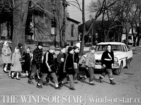 Mar.24/1956-Windsor School Patrol stands guard at the corner on London St. and McEwan Ave. (The Windsor Star-FILE)