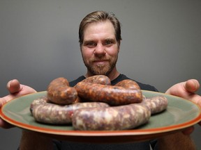 Rob Bornais is photographed with some of his sausages at his home in Windsor on Thursday, October 25, 2012. Bornais won big at a sausage making competition in B.C.(TYLER BROWNBRIDGE / The Windsor Star)