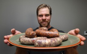 Rob Bornais is photographed with some of his sausages at his home in Windsor on Thursday, October 25, 2012. Bornais won big at a sausage making competition in B.C.(TYLER BROWNBRIDGE / The Windsor Star)