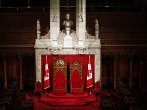 The throne and chair in the Senate chamber in Centre Block of Parliament Hill are used by the queen and her consort, or the governor general and his or her spouse, during the opening of Parliament. (David Kawai / Postmedia News)