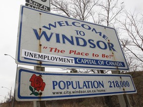 Someone made an alteration to the sign on County Rd. 20 near the Windsor Raceway that welcomes motorists to Windsor. The "automotive" capital of Windsor has been changed to the "unemployment" capital of Canada. (DAN JANISSE/The Windsor Star)