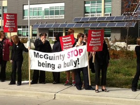 Public elementary school teachers protest outside the David Suzuki school in Windsor, Ont. on Oct. 22, 2012. (Dalson Chen / The Windsor Star)