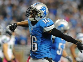 Lions receiver Titus Young celebrates after a touchdown in the fourth quarter against the Seattle Seahawks October 28, 2012 at Ford Field. The Lions won 28 - 24.