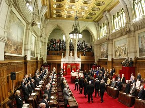 Stephen Harper, Canada's Prime Minister and Her Excellency the Right Honourable Michaålle Jean, Governor General of Canada, arrive in the Senate Chamber on Parliament Hill in Ottawa, prior to the Speech of the Throne, January 26, 2009. (Postmedia News files)