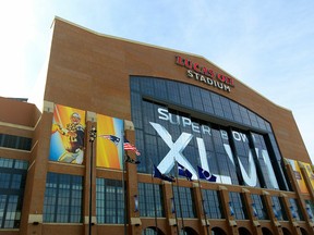 Lucas Oil Stadium is decorated with official Super Bowl XLVI signage prior to the game being played between the New York Giants and the New England Patriots on Februrary 3, 2012 in Indianapolis, Indiana.  (Chris Trotman/Getty Images)