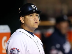 Detroit's Miguel Cabrera looks on from the dugout against the San Francisco Giants during Game 4 of the World Series. (Photo by Ezra Shaw/Getty Images)