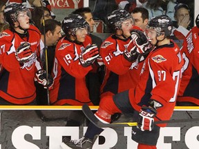 Spits forward Brady Vail, right, celebrates a goal in Ottawa. (Jean Levac/Ottawa Citizen)