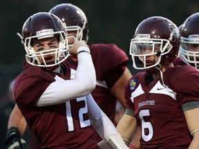 McMaster quarterback Kyle Quinlan, left, celebrates with teammates after scoring a touchdown against the University of Calgary Dinos during first half Mitchell Bowl football action in Hamilton. (THE CANADIAN PRESS/Dave Chidley)