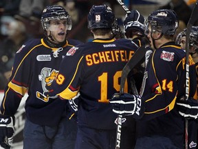 Belle River's Aaron Ekblad, left, celebrates with Barrie's Mark Scheifele at the WFCU Centre in 2011. (NICK BRANCACCIO/The Windsor Star)