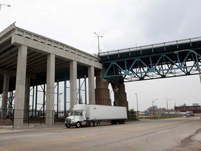 Ambassador Bridge Company is planning to twin the existing bridge with a new span, left, which is partially completed up to Fort Street, Wednesday August 11, 2010. (NICK BRANCACCIO/The Windsor Star)