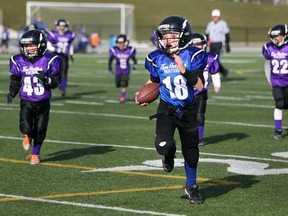Connor Pender, centre, of the Tim Hortons Panthers, runs for a touchdown against the Tim Hortons Vikings in the tyke division of the Windsor Minor League Football Association's Day of Champions at Alumni Field in Windsor, Ont., Saturday, Nov. 17, 2012.  (DAX MELMER/The Windsor Star)