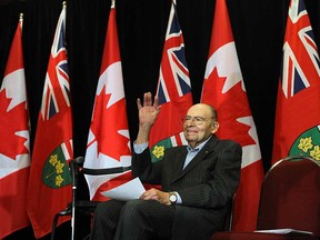 Herb Gray waves to supporters during a press conference at the Ciociaro Club in Windsor, Ont. on Wednesday, November 28, 2012. It was announced that the new parkway will be named after him.            (TYLER BROWNBRIDGE / The Windsor Star)