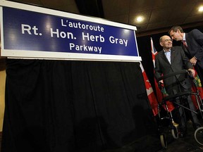 Herb Gray, left, and Premier Dalton McGuinty take part in a press conference at the Ciociaro Club in Windsor, Ont. on Wednesday, November 28, 2012. It was announced that the new parkway will be named after Herb Gray.            (TYLER BROWNBRIDGE / The Windsor Star)