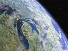 The Great Lakes, pouring toward the Atlantic Ocean, as seen from space. (Courtesy of Mark Alberts)