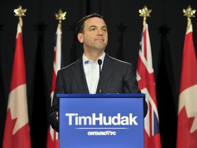 Ontario Progressive Conservative leader Tim Hudak speaks to media during a press conference (Aaron Lynett / National Post)