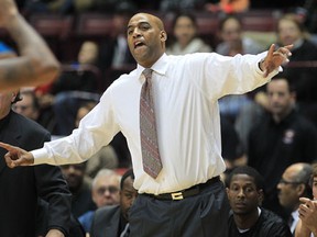 Windsor Express coach Bill Jones reacts to a call during the team's inaugural game at the WFCU Centre. (DAN JANISSE/The Windsor Star)