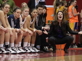 Lancers coach Chantal Vallee, right, reacts to a call against Acadia at the 2012 women's basketball final 8 tournament at the University of Calgary. Letter writer Marge Holman refers to a gender imbalance at the university when it comes to its coaching staff.(Stuart Gradon/Calgary Herald)