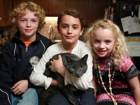 Siblings, from left, Paul Schiller, 10, Ryan Schiller, 8, and Julia Schiller, 6, are pictured with their 3-year old cat, Gus Gus, at their home in Kingsville, Sunday, Nov. 4, 2012.  Gus Gus went missing in October of 2011 and due to a microchip implanted in his head was recently found in Northville, Michigan.  (DAX MELMER/The Windsor Star)