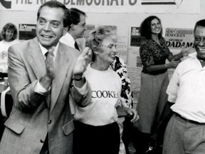 Sept. 6, 1990: Dave Cooke, left, celebrates his provincial election victory with supporter Eileen Fry and Howard McCurdy, right. (Windsor Star files)