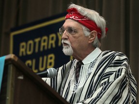 Gary Katz, dressed in a tribal chief's jacket from Ghana, speaks at the Rotary Club of Windsor (1918) luncheon at the Caboto Club, Monday, Nov. 26, 2012.  Katz was speaking about his recent trip to Jirapa, Ghana.  (DAX MELMER/The Windsor Star)