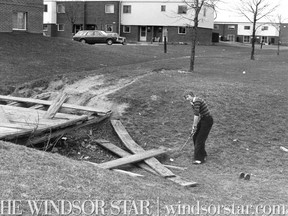 April 18/1979-John Fraser practices on Little River golf course near bridge destroyed by vandals. (The Windsor Star-File)