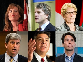 Candidates for Ontario Liberal leader. Clockwise from top left: Sandra Pupatello, Gerard Kennedy, Kathleen Wynne, Eric Hoskins, Charles Sousa, and Glen Murray. (Postmedia News)