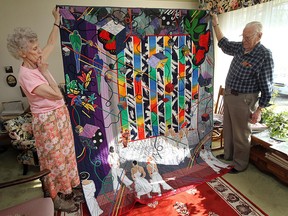Betty Ives and her husband Albert show off some of Betty’s quilts and quilting supplies at her home. (TYLER BROWNBRIDGE / The Windsor Star)