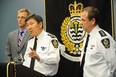 Chief Constable Jim Chu ( C ), flanked by Sergeant Dale Weidman ( L ) and Inspector Les Yeo, speaks at Vancouver Police news conference to update progress on charges in Stanley Cup riot, in Vancouver on Wednesday, August 17, 2011. ( Glenn Baglo / PNG )