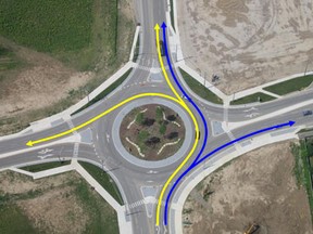 A diagram on how to use a two-lane roundabout: Going left? Use the inner lane (yellow). Going right? Use the outer lane (blue). Going straight? Use either lane. (The Windsor Star)
