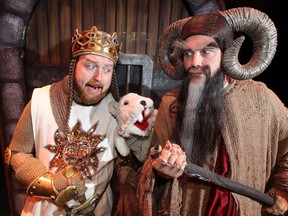 Ryan Turgeon, left, plays King Arthur and Jim Reid plays Tim the Enchanter along with the Killer Rabbit in Windsor Light Opera’s production of Monty Python’s Spamalot at St. Clair Centre for the Arts. (NICK BRANCACCIO / The Windsor Star)