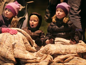 Elli Roland, 8, (L) Nate Lawrence, 3, and Lilli Bontorin, 6, take in the sights Friday, Nov. 30, 2012, during the Tecumseh Santa Claus Parade.